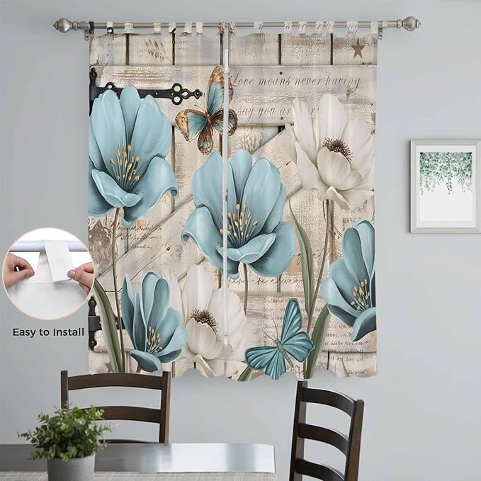 Teal Blue Tulips Living Room Curtains 96 Inch Length, Window Curtains Tab Top, Spring Floral Barn Doors Vintage Wood Beige Light Filtering Window Treatments Drapes 52"x96" 2 Panel