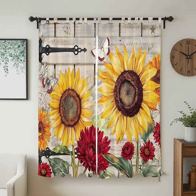 Red Yellow Sunflowers Living Room Curtains 96 Inch Length, Window Curtains Tab Top, Retro Rustic Barn Doors Butterfly Brown Light Filtering Window Treatments Drapes 52"x96" 2 Panel