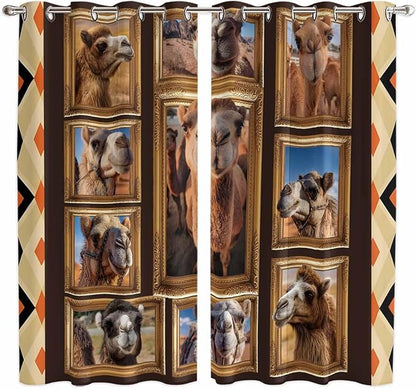 2 Panel Kitchen Cafe Curtains, Wildlife Camels Sunlight Filtering Nature Air Through, Home Decor Window Covering Tier Curtains for Living Room 104W x 84L inch Deserts Animals Brown Geometric Rustic