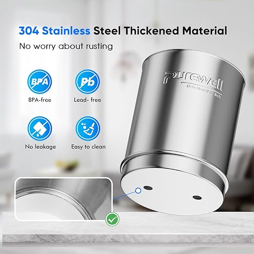 Purewell 2.25G Gravity Water Filter System with Water Level Window, 3-Stage Stainless Steel Countertop System with 2 Washable Ceramic Filters and Stand, Reduce up to 99% Chlorine, PW-KST