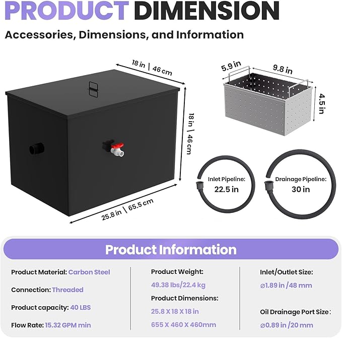 40 LBS Grease Trap Commercial Carbon Steel Grease Interceptor, 15 GPM Flow Rate Under Sink Model, Dual Filter Tube for Restaurant Home Kitchen Food Processing Wastewater Separation
