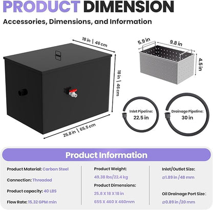 40 LBS Grease Trap Commercial Carbon Steel Grease Interceptor, 15 GPM Flow Rate Under Sink Model, Dual Filter Tube for Restaurant Home Kitchen Food Processing Wastewater Separation