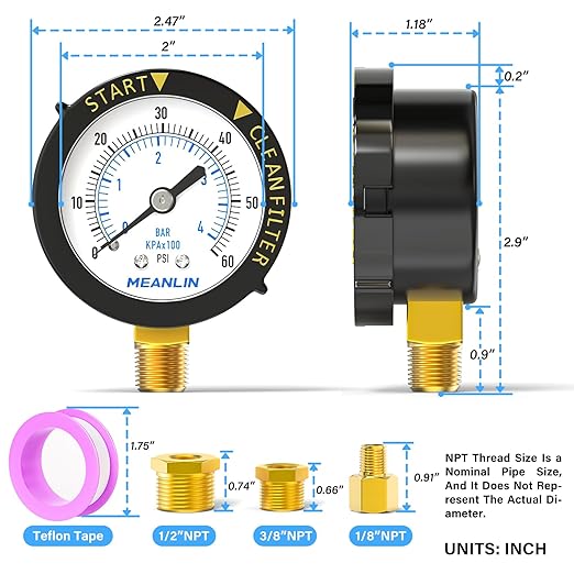 MEANLIN MEASURE 0~60Psi Plastic Frame 1/4" NPT Start and Clean Filter Pressure Gauge, Suitable for Swimming Pool, Spa, Aquarium (0-60Psi/0-4BAR/KIT, Lower Mount)