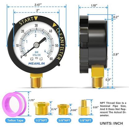 MEANLIN MEASURE 0~60Psi Plastic Frame 1/4" NPT Start and Clean Filter Pressure Gauge, Suitable for Swimming Pool, Spa, Aquarium (0-60Psi/0-4BAR/KIT, Lower Mount)