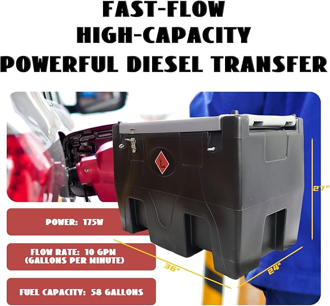 Portable Fuel Storage 58 Gallon Diesel Only Heavy-Duty PE Transfer Tank Container 12V Pump 10GPM Flow Rate,Auto Nozzle,13ft Hose,Water Filter,for Truck Bed,On-Site Refuel Equipment Fueling