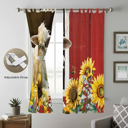 Sheep Flowers Living Room Curtains 84 Inch Length, Window Curtains Tab Top, Country Red Barn Botanical Sunflowers Light Filtering Window Treatments Drapes 52"x84" 2 Panel