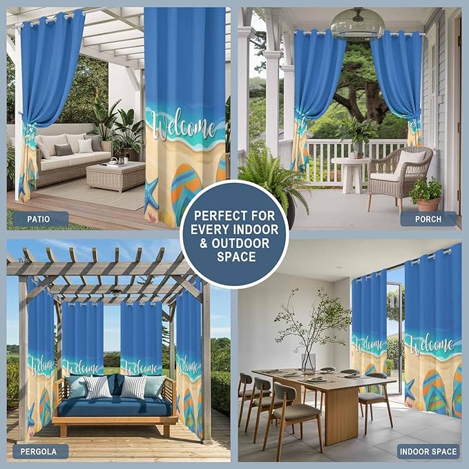 Summer Outdoor Curtains for Patio Beach Slippers Plumeria Waterproof Outside Curtains with Grommet Top Weatherproof Curtain for Cabana Pergola Gazebo, 2 Pack, 54" W x 84" L