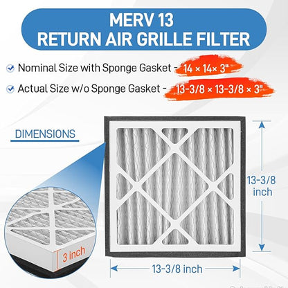 14x14x3 MERV 13 Pleated Air Filter Compatible with Zephyr VGF Series 14x14x3 Whole Home Return Air Grille Filter, MERV-13 Air Filtration System Grille Filters 2 Pack, Actual Size 13-3/8 × 13-3/8 × 3"