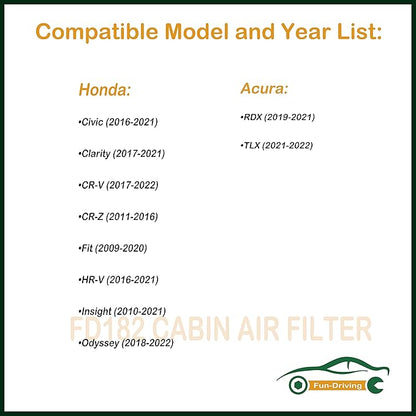 FUN-DRIVING 3 Pack FD182 Cabin air filter for Civic,CR-V,CR-Z,Fit,HR-V,Insight,Replace CF11182,CP182,80292-TF0-G01
