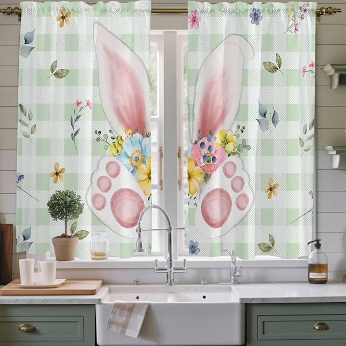 Easter Window Curtains 63 Inch Long 2 Panel Set, Rod Pocket Bedroom Curtains & Drapes, Spring Bunny Ears Feet Flowers Green Plaid Light Filtering Window Treatment for Living Room 42"W x 63"L