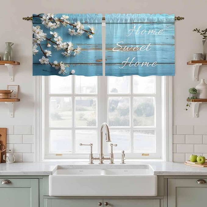 Farmhouse Wooden Grain Tier Curtains, Vintage Shabby Chic Flower Blue Light Filtering Kitchen Curtains, 2Pcs Rod Pocket Half Window Treatments Panels for Sink Cafe Cabinet Camper 27.5x24 Inches