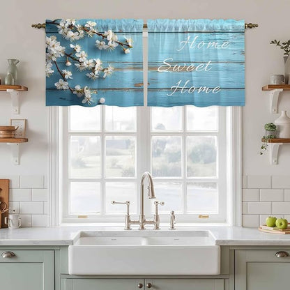 Farmhouse Wooden Grain Tier Curtains, Vintage Shabby Chic Flower Blue Light Filtering Kitchen Curtains, 2Pcs Rod Pocket Half Window Treatments Panels for Sink Cafe Cabinet Camper 27.5x36 Inches