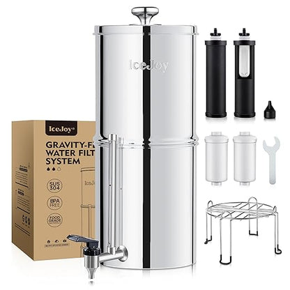 IceJoy 0.01μm Ultra-Filtration Gravity Water Filter System, 2.25G Stainless Steel Countertop Purifier with 4 Filters, Water Level Spigot & Stand, Reduce Fluoride & Chlorine, NSF/ANSI 42