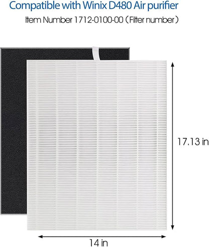 D480 True HEPA Replacement Filter D4, Compatible with Winix D480 Air Purifier, Compare to D4 Filter, Item Number 1712-0100-00, 1 H13 True HEPA Filters + 4 Activated Carbon Pre-Filters
