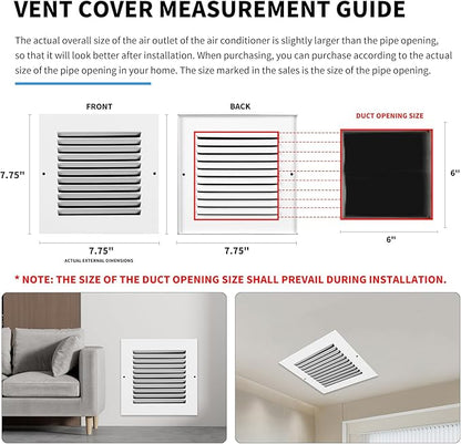 6x6 Vent Cover(Duct Opening Size),Air Return Vent Cover,Flat Vent Cover,Rejillas De Aire Acondicionado para Casa,Return Air Grilles,Outer Dimensions:7.75"Wx7.75"H(6"W x 6"H, Duct Opening)