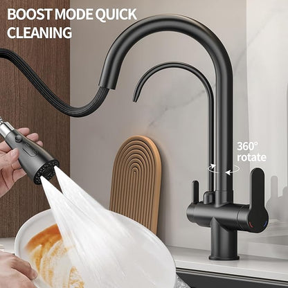 Kitchen Sink Faucet with Pull - Down Sprayer, 2 - Handle 3 - in - 1 Kitchen Sink Filter Faucet, Cold and Hot Mixer Drinking Water Faucet (3-in-1 Filter Faucet, Black)