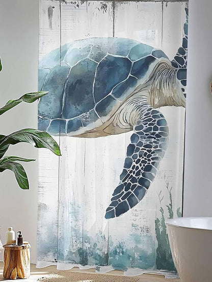Sheer Curtains 96 Inches Long, Sea Turtle Teal Blue Semi Sheer Curtains Light Filtering Window Treatment, Summer Coastal Ocean Wood Grain Privacy Voile Drapes for Living Room Bedroom 52x96 Inch