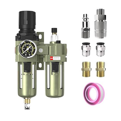 NPT 3/8" Air Regulator with Gauge,Air Compressor Water Separator with Accessories,Pneumatic Compressed Air Filter Pressure Oil Trap(AC3010-03)