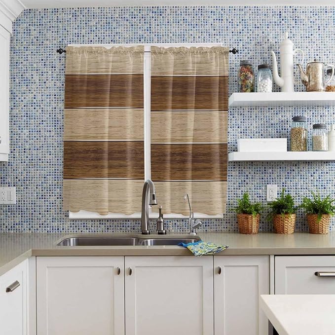 Retro Country Brown Wooden Board Window Valance Curtains, Farmhouse Gradient Plank Light Filtering Kitchen Valance with 3-inch Rod Pocket for Living Room Bathroom Bedroom,2 Panel,42x63In