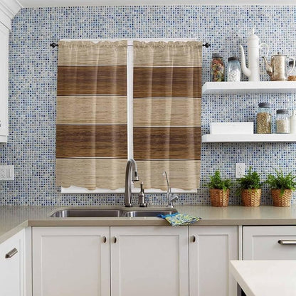 Retro Country Brown Wooden Board Window Valance Curtains, Farmhouse Gradient Plank Light Filtering Kitchen Valance with 3-inch Rod Pocket for Living Room Bathroom Bedroom,2 Panel,42x63In