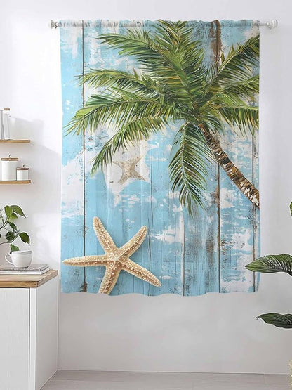 Sheer Curtains 63 Inch Length, Coastal Beach Blue Semi Sheer Curtains Light Filtering Window Treatment, Tropical Coconut Tree Vintage Wood Grain Privacy Voile Drapes for Living Room Bedroom 52x63 Inch