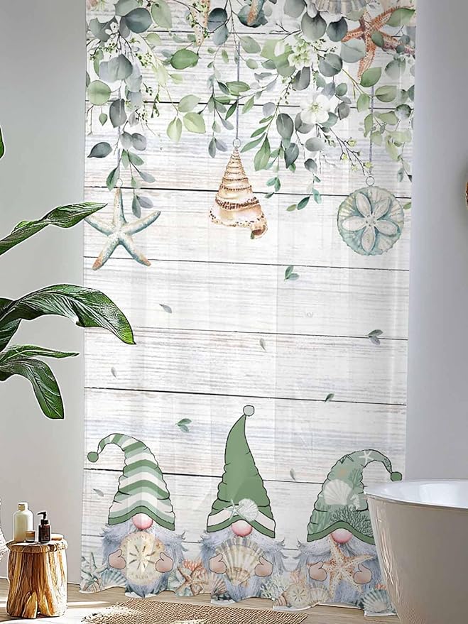 Sheer Curtains 108 Inches Long, Coastal Eucalyptus Leaf Semi Sheer Curtains Light Filtering Window Treatment, Sage Green Gnomes Starfish Privacy Voile Drapes for Living Room Bedroom 52x108 Inch