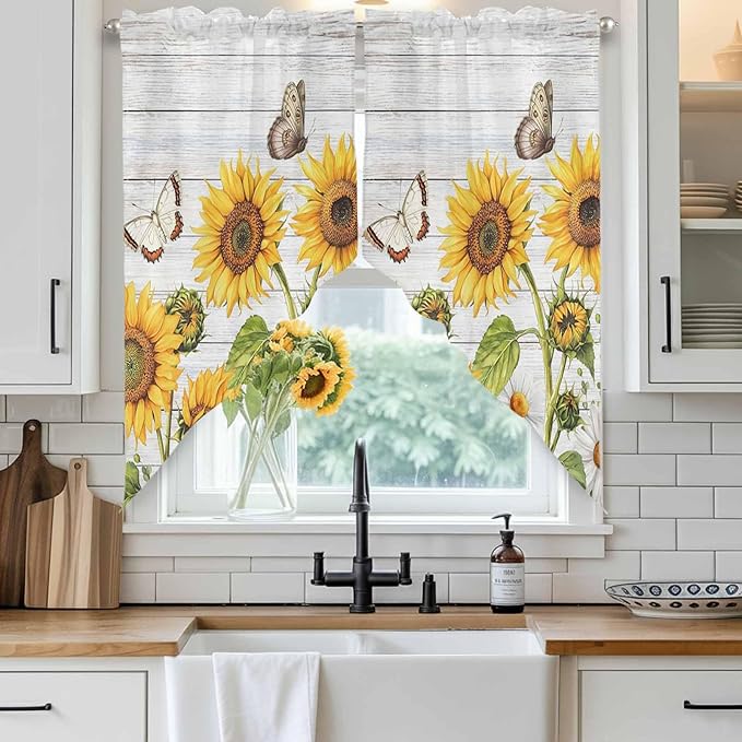 Yellow Sunflowers Swag Valances for Windows, Vintage Country Flowers Butterfly Wood Board Rod Pocket Kitchen Curtains Valance, Small Window Curtains Swag for Cafe Living Room, 2 Panels, 36x36 inch