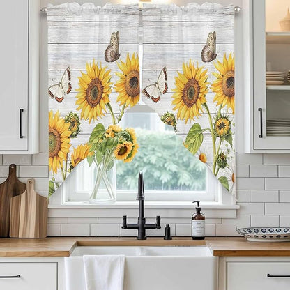Yellow Sunflowers Swag Valances for Windows, Vintage Country Flowers Butterfly Wood Board Rod Pocket Kitchen Curtains Valance, Small Window Curtains Swag for Cafe Living Room, 2 Panels, 36x36 inch