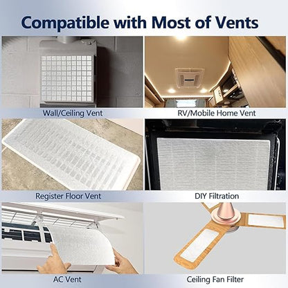 MERV 8 Air Vent Filters, 12" x 120"Cut to Fit Air Filter Material (60+ Filters),Electrostatic Triple Vent Filter for Floor, Ceiling, HVAC Furnace Vents, Includes 48 Adhesive Hook Tape