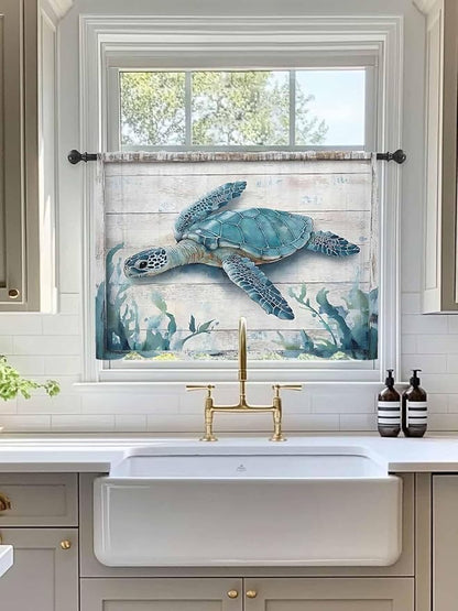 Sheer Curtains 45 Inch Length, Teal Green Sea Turtle Semi Sheer Curtains Light Filtering Window Treatment, Summer Ocean Seaweed Wood Grain Privacy Voile Drapes for Living Room Bedroom 52x45 Inch
