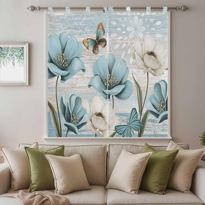 Spring Floral Bedroom Curtains 72 Inch Length, Window Curtains Tab Top, Vintage Tulips Flower Butterfly Retro Wood Blue Light Filtering Window Treatments Drapes 52"x72" 2 Panel