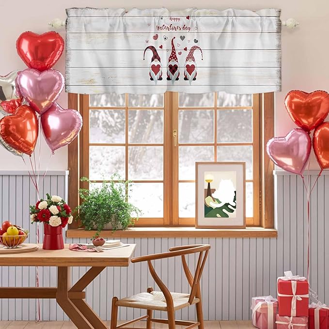 Happy Valentine's Valance Curtains for Kitchen, Day Gnomes Love Heart on Rustic Wood Grain Privacy Rod Pocket Valance Curtain, Light-Filtering Window Treatment for Bedroom Bathroom, 60"x18"