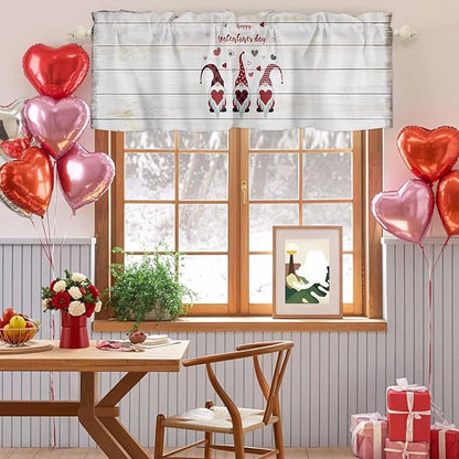 Happy Valentine's Valance Curtains for Kitchen, Day Gnomes Love Heart on Rustic Wood Grain Privacy Rod Pocket Valance Curtain, Light-Filtering Window Treatment for Bedroom Bathroom, 42"x18"