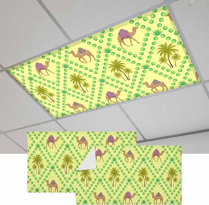 2 Pack Fluorescent Light Cover, Desert Sand Camels Light Covers for Ceiling Lights, Palm Trees Tropical Plants Polka Dot Yellow Magnetic Lights Filters Ceiling Shade for Classroom/Office - 4 x 2 Feet