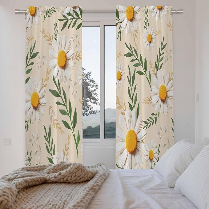 Spring Daisy Kitchen Curtains, Country Watercolor Flower Leaf Plant Light Filtering Window Curtain Panels, 2Pcs Rod Pocket Window Treatments Set for Living Room Bathroom Bedroom 52x72 Inches