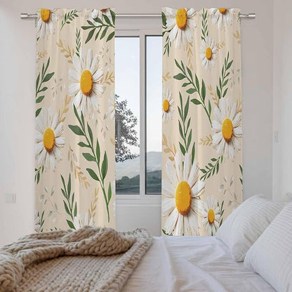 Spring Daisy Kitchen Curtains, Country Watercolor Flower Leaf Plant Light Filtering Window Curtain Panels, 2Pcs Rod Pocket Window Treatments Set for Living Room Bathroom Bedroom 52x72 Inches