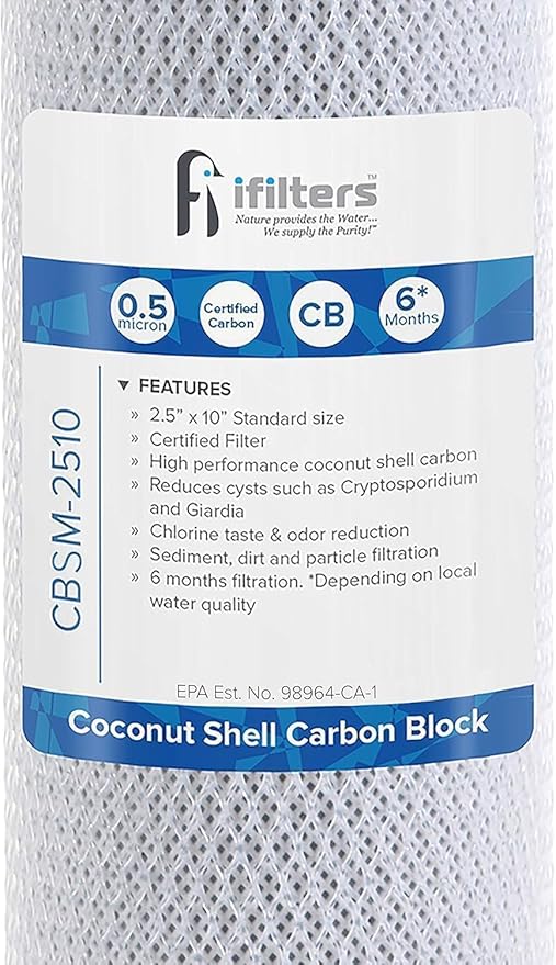 iFilters 0.5-Micron Carbon Block Water Filter – Coconut Shell CTO Drinking Water Filter Cartridge – 10-inch Replacement for Filtration Systems – Reduces Odors, Chlorine Taste – 2.5" x 10" (2 Pack)