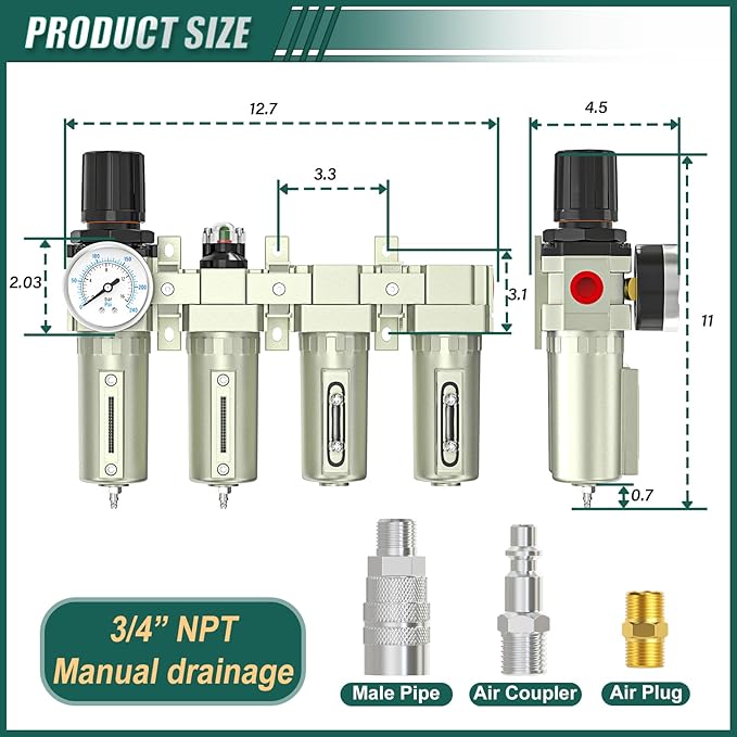 Industrial Grade 4-Stage Air Drying System, 3/4" NPT with Manual Drain, Desiccant Dryer, air Regulator, Particulate Filter and Coalescing Filter for Paint Spray, Plasma Cutter