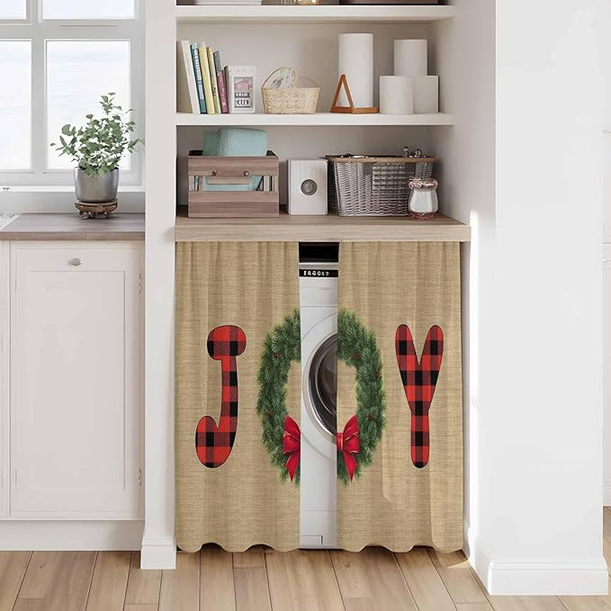 Red Green Christmas Kitchen Tier Curtains 45 Inch Long 2 Panel Set,Rod Pocket Short Window Treatment,Xmas Botanical Winter Farmhouse Curtains & Drapes for Bathroom Basement 27.5"W x 45"L