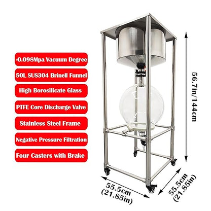 50L Glass Vacuum Filter, Lab Vacuum Suction Filter Device, Brinell Funnel/High Borosilicate Glass Flask, Negative Pressure Stainless Steel Vacuum Filter for Liquid Extraction, -0.098Mpa