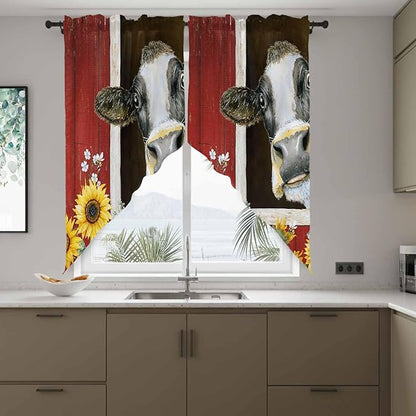 Cows Sunflowers Swag Valances for Windows, Rustic Farms Barns Flowers Bees Animals Rod Pocket Kitchen Curtains Valance, Small Window Curtains Swag for Cafe Bathroom Living Room, 2 Panels, 36x36 inch