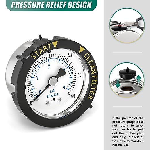 0-60PSI Stainless Steel Pool Filter Pressure Gauge, 1/4" NPT Back Mount, with Plastic Adjustable Bezel, Start and Clean Filter Pressure Gauge, for Swimming Pool, spa, Aquarium