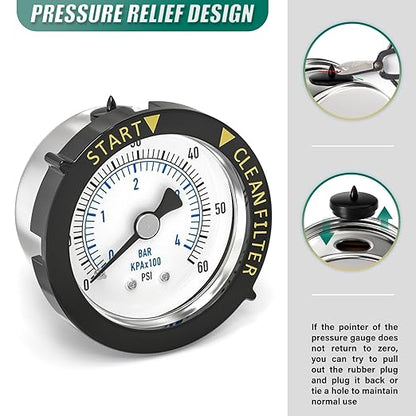 0-60PSI Stainless Steel Pool Filter Pressure Gauge, 1/4" NPT Back Mount, with Plastic Adjustable Bezel, Start and Clean Filter Pressure Gauge, for Swimming Pool, spa, Aquarium
