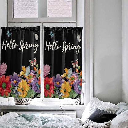 Spring Flowers Tier Curtains 45 Inches Long, Watercolor Country Colorful Floral Black Window Treatment Curtain Drapes, Window Half Privacy Curtains for Bedroom Bathroom, 42"x45", 2 Panels