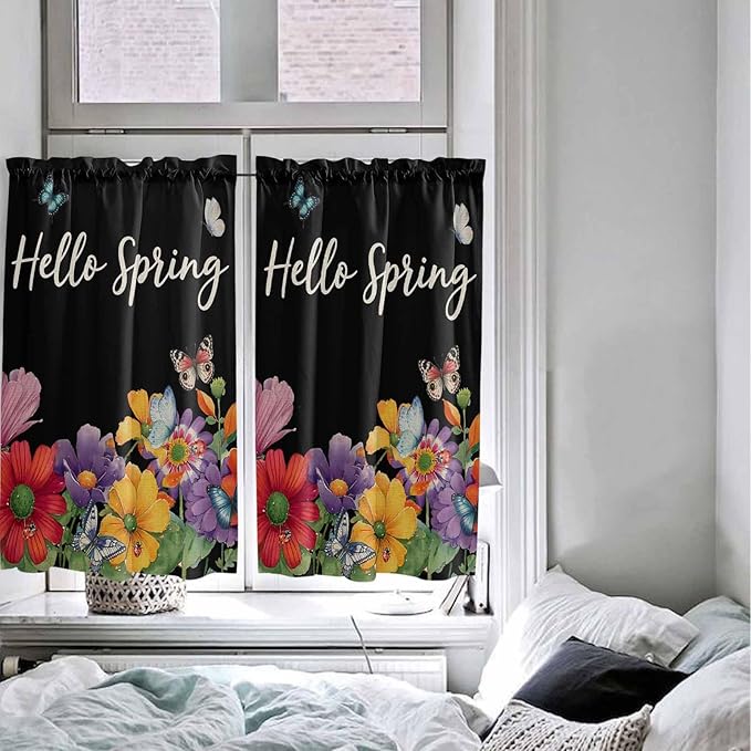Spring Flowers Kitchen Curtains 45 Inches length, Watercolor Country Colorful Floral Black Window Treatment Curtain Drapes, Lightweight Window Panels for Living Room Bedroom, 52"x45", 2 Panels