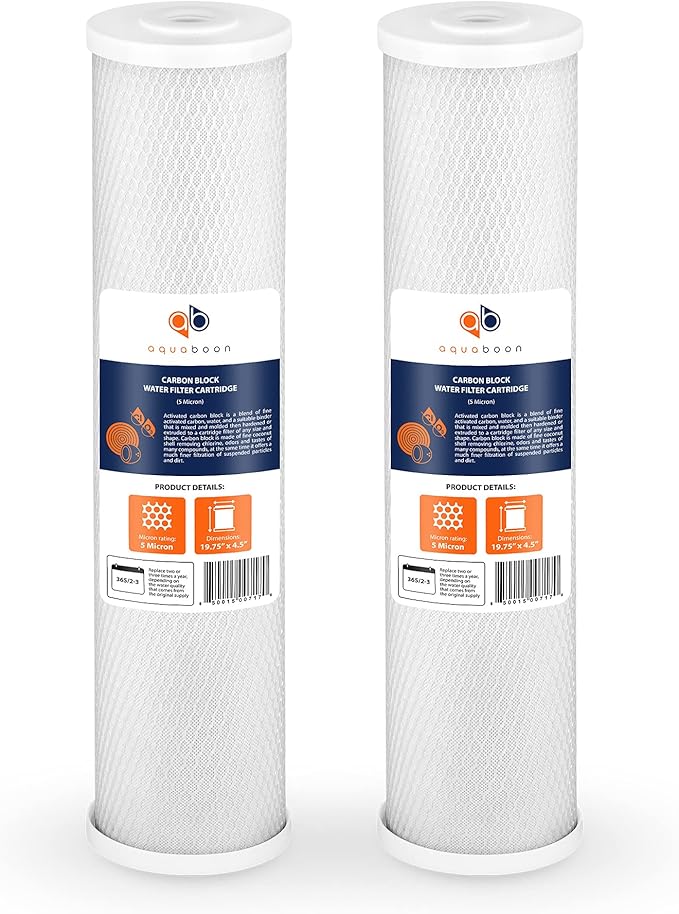 Aquaboon 4,5 x 20 inch Carbon Filter Cartridge - 5 Micron Coconut Shell CTO Filter - Whole House Well Water Filtration - Matches DB20P, CTO20BB, Pentek FLOPLUS-20BB, 155312-43, CBC-20BB (2 Pack)