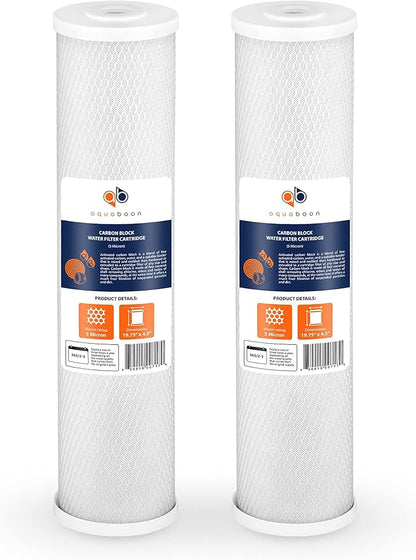 Aquaboon 4,5 x 20 inch Carbon Filter Cartridge - 5 Micron Coconut Shell CTO Filter - Whole House Well Water Filtration - Matches DB20P, CTO20BB, Pentek FLOPLUS-20BB, 155312-43, CBC-20BB (2 Pack)