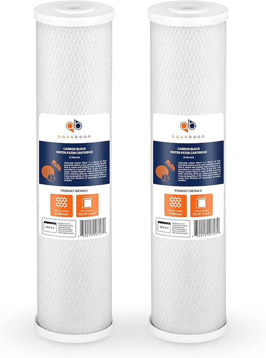 Aquaboon 4,5 x 20 inch Carbon Filter Cartridge - 5 Micron Coconut Shell CTO Filter - Whole House Well Water Filtration - Matches DB20P, CTO20BB, Pentek FLOPLUS-20BB, 155312-43, CBC-20BB (2 Pack)