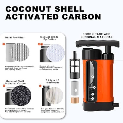 Portable Water Filter Pump, 0.01 Micron Manual Survival Water Purifier for Camping Hiking Backpacking Emergency, Fast Flow Removes Harmful Substances & Sediment (K8188-Orange)