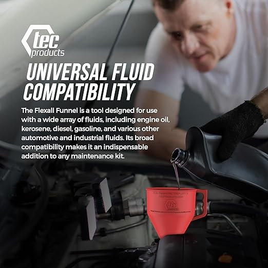 TEC Products FlexAll Long Flexible Funnels - Automotive Oil Funnel with Hose, Durable Nitrile Rubber for Oil Change, Transmission Funnel Fluid, Diesel, Fuel, Gas - Made in USA - Red (16 x 5 Inches)